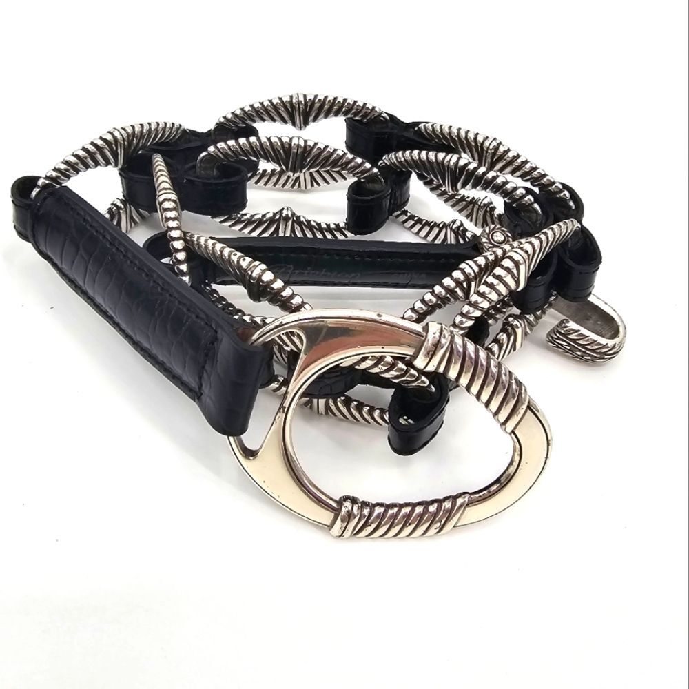 Brighton B30943 Black Leather Silver Oval Chunky Chain Belt Size 38 Hook Closure